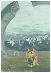 Size: 2340x3310 | Tagged: safe, artist:quiet-victories, fluttershy, pegasus, pony, rabbit, clothes, gouache, painting, scenery, solo, traditional art