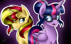 Size: 1750x1100 | Tagged: safe, artist:jack-pie, sci-twi, sunset shimmer, twilight sparkle, alicorn, pony, unicorn, equestria girls, friendship games, equestria girls ponified, intro, ponified, scene interpretation