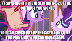 Size: 856x492 | Tagged: safe, edit, edited screencap, screencap, starlight glimmer, twilight sparkle, twilight sparkle (alicorn), alicorn, pony, a royal problem, contract, hotel california, image macro, meme, song reference, the eagles