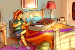 Size: 1787x1200 | Tagged: safe, artist:cuttledreams, sunset shimmer, equestria girls, bed, chair, food, muffin, newbie artist training grounds, packing, sitting, solo, suitcase