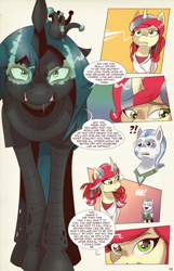 Size: 1253x1950 | Tagged: safe, artist:saturdaymorningproj, queen chrysalis, oc, oc:himecchi shinku, changeling, changeling queen, pegasus, pony, unicorn, comic:i await a guardian, comic, female, glowing eyes