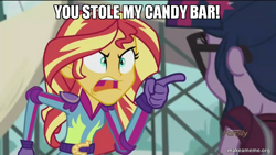 Size: 800x450 | Tagged: safe, edit, edited screencap, screencap, sci-twi, sunset shimmer, twilight sparkle, equestria girls, friendship games, caption, image macro, life of crime, meme, spongebob squarepants, sunset yells at twilight