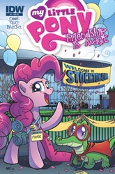 Size: 1000x1518 | Tagged: safe, idw, gummy, pinkie pie, earth pony, pony, balloon, cover