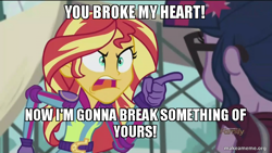 Size: 800x450 | Tagged: safe, edit, edited screencap, screencap, sci-twi, sunset shimmer, twilight sparkle, equestria girls, friendship games, caption, exploitable meme, image macro, meme, spongebob squarepants, sunset yells at twilight, valentine's day (spongebob episode)