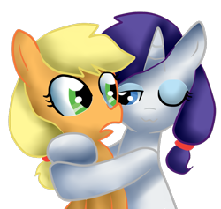 Size: 905x858 | Tagged: safe, artist:lizethehedgehog, applejack, rarity, earth pony, pony, unicorn, alternate hairstyle, female, hug, lesbian, mare, rarijack, shipping