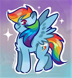 Size: 667x724 | Tagged: safe, artist:blueberry-ghost, derpibooru import, rainbow dash, pegasus, pony, chest fluff, female, gradient background, looking at you, mare, profile, smiling, solo, spread wings, wings