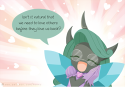 Size: 1000x697 | Tagged: safe, artist:howxu, edit, queen chrysalis, reversalis, anthro, changeling, changeling queen, spoiler:comic, clothes, comic, cropped, curved horn, cute, cutealis, daaaaaaaaaaaw, dialogue, dork, dorkalis, eyes closed, female, glasses, heart, hnnng, horn, howxu is trying to murder us, nerd, open mouth, question mark, smiling, solo, speech bubble