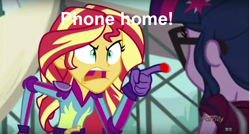 Size: 1280x687 | Tagged: safe, edit, edited screencap, screencap, sci-twi, sunset shimmer, twilight sparkle, equestria girls, friendship games, angry, caption, e.t. the extra-terrestrial, exploitable meme, hilarious in hindsight, meme, phone home, pointing, sunset yells at twilight