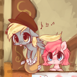 Size: 500x500 | Tagged: safe, artist:ask-pinkamena-kor, derpy hooves, pinkie pie, pegasus, pony, ask-pinkamena-kor, cute, female, hat, mail, mailbag, mare, music notes, tongue out