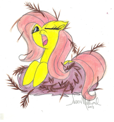 Size: 1056x1128 | Tagged: safe, artist:kibastar521, fluttershy, pegasus, pony, nest, sleepy, solo, yawn