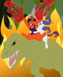 Size: 791x960 | Tagged: safe, artist:christinajohnson, rarity, oc, oc:sol sunset, dinosaur, pony, tyrannosaurus rex, unicorn, :o, badass, canon x oc, cigar, epic, fire, grin, gun, hardcore, hug, magic, ponies riding dinosaurs, riding, rifle, sitting, smirk, telekinesis, tommy gun, weapon