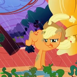 Size: 526x525 | Tagged: safe, screencap, applejack, earth pony, pony, look before you sleep, bucking, cropped, female, mare, rain, silly, silly pony, solo, tongue out, tree branch, who's a silly pony