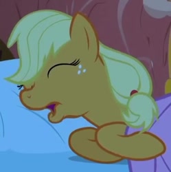 Size: 376x377 | Tagged: safe, screencap, applejack, earth pony, pony, look before you sleep, cropped, eyes closed, female, mare, open mouth, snoring, solo