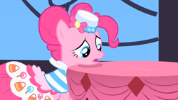 Size: 640x360 | Tagged: safe, screencap, pinkie pie, earth pony, pony, clothes, dress, grand galloping gala, solo, table