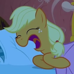 Size: 409x410 | Tagged: safe, screencap, applejack, earth pony, pony, look before you sleep, cropped, eyes closed, female, mare, open mouth, snoring, solo