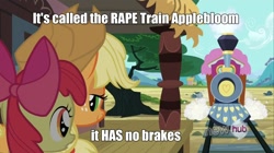 Size: 1440x808 | Tagged: safe, apple bloom, applejack, earth pony, pony, one bad apple, image macro, rape train