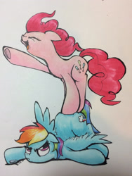 Size: 2448x3264 | Tagged: safe, artist:kittyhawk-contrail, derpibooru import, pinkie pie, rainbow dash, earth pony, pegasus, pony, abuse, annoyed, dashabuse, duo, eyes closed, female, floppy ears, mare, open mouth, raised hoof, simple background, traditional art, underhoof