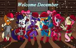 Size: 1438x906 | Tagged: safe, artist:pencil bolt, derpibooru import, applejack, fluttershy, pinkie pie, rainbow dash, rarity, twilight sparkle, twilight sparkle (alicorn), alicorn, earth pony, pegasus, pony, unicorn, antlers, bipedal, christmas, december, female, fireplace, hat, holiday, lesbian, mane six, omniship, red nose, santa hat, shipping, snow, snowball, welcome, winter