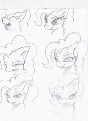 Size: 850x1170 | Tagged: safe, artist:digitaldomain123, pinkie pie, earth pony, pony, facial expressions, monochrome, sketch dump, solo, traditional art