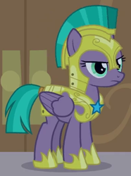Size: 390x525 | Tagged: safe, screencap, queen chrysalis, changeling, changeling queen, pegasus, pony, the summer sun setback, cropped, disguise, disguised changeling, female, guardsmare, hoof shoes, mare, royal guard, solo, vanguard cover