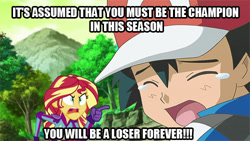 Size: 500x281 | Tagged: safe, edit, edited screencap, screencap, sunset shimmer, equestria girls, friendship games, ash ketchum, caption, pokémon, pokémon x and y, spoilers for another series, sunset yells at twilight