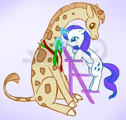 Size: 810x775 | Tagged: safe, artist:the13thblackcat, rarity, giraffe, pony, unicorn, magic, measuring, measuring tape