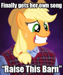 Size: 423x499 | Tagged: safe, applejack, apple family reunion, bad luck applejack, bad luck brian, exploitable meme, meme, raise this barn