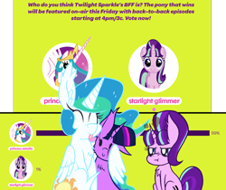 Size: 1278x1072 | Tagged: safe, artist:dragonpone, derpibooru exclusive, princess celestia, starlight glimmer, twilight sparkle, twilight sparkle (alicorn), alicorn, pony, unicorn, :t, angry, bff, cheek fluff, chest fluff, discovery family, ear fluff, equal cutie mark, eyes closed, friendship fridays, happy, hug, poll, simple background, sitting, smiling, tongue out, transparent background, voting, winghug