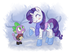 Size: 1024x768 | Tagged: safe, artist:kyaokay, rarity, spike, dragon, pony, unicorn, blushing, boots, clothes, coat, female, gloves, male, saddle, scarf, shipping, sparity, straight, winter