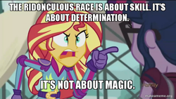 Size: 800x450 | Tagged: safe, edit, edited screencap, screencap, sci-twi, sunset shimmer, twilight sparkle, equestria girls, friendship games, caption, image macro, meme, ridonculous race, sunset yells at twilight, total drama