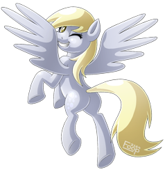 Size: 1000x1050 | Tagged: safe, artist:freezyfoop, derpy hooves, pegasus, pony, female, flying, looking at you, looking back, mare, simple background, smiling, solo, spread wings, wink