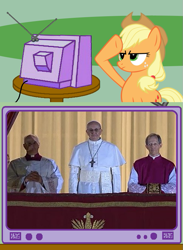 Size: 563x771 | Tagged: safe, applejack, earth pony, pony, exploitable meme, glasses, pope, tv meme