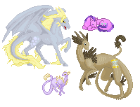 Size: 199x153 | Tagged: artist needed, safe, amethyst star, derpy hooves, dinky hooves, sparkler, dragon, horse, pegasus, pony, dragon cave, dragonified, equestria's best mother, family, female, hatchling, horse dragon, mare, pixel art, recolor, sprite, sweetling