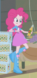Size: 241x498 | Tagged: safe, screencap, pinkie pie, equestria girls, equestria girls (movie), animated, apple cider, balloon, boots, bottle opener, cider, clothes, cropped, drinking, food, gif, grapes, high heel boots, juice, pinkie being pinkie, pinkie physics, prehensile mane, skirt, solo