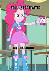 Size: 469x681 | Tagged: safe, edit, pinkie pie, equestria girls, angry, balloon, boots, bracelet, chair, clothes, door, high heel boots, iphone, jewelry, meme, skirt, trap card, yaranaika, yu-gi-oh!