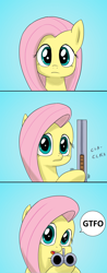 Size: 1396x3555 | Tagged: safe, artist:doublewbrothers, edit, fluttershy, pegasus, pony, coach gun, gtfo, gun, reaction image, shotgun, weapon