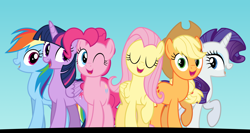 Size: 3750x2000 | Tagged: safe, artist:tomfraggle, derpibooru import, applejack, fluttershy, pinkie pie, rainbow dash, rarity, twilight sparkle, twilight sparkle (alicorn), alicorn, earth pony, pegasus, pony, unicorn, fame and misfortune, female, flawless, friends, group, mane six, mare, one eye closed, singing, smiling, wink