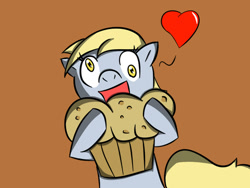 Size: 500x375 | Tagged: safe, artist:elmundodeultra, derpy hooves, pegasus, pony, female, giant muffin, heart, mare, muffin, solo, that pony sure does love muffins