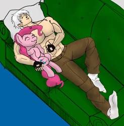 Size: 887x900 | Tagged: safe, artist:cjvselinmortal, pinkie pie, human, clothes, crossover, dante (devil may cry), devil may cry, devil may cry 3, nap, partial nudity, sleeping, sofa, topless