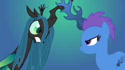 Size: 1920x1080 | Tagged: safe, artist:hybrid-changling, queen chrysalis, oc, oc:overcast vesper, changeling, changeling queen, earth pony, pony, angry, cutie mark background, duo, female, frown, gradient background, gritted teeth, mare