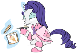 Size: 635x441 | Tagged: safe, artist:bambooharvester, rarity, pony, unicorn, ask rarity, bathrobe, clothes, comfort eating, eating, hilarious in hindsight, ice cream, magic, rarity replies, robe, slipper mittens, solo