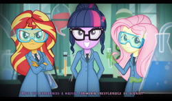 Size: 1853x1086 | Tagged: safe, artist:invisibleink, fluttershy, sci-twi, sunset shimmer, twilight sparkle, equestria girls, friendship games, clothes, crossed arms, crossover, cute, ghostbusters, glasses, gloves, hands behind back, laboratory, latex gloves, parody, rubber gloves, safety goggles, science, scientist, smiling, test tube, twiabetes