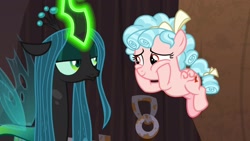Size: 1920x1080 | Tagged: safe, screencap, cozy glow, queen chrysalis, changeling, changeling queen, pegasus, pony, the summer sun setback, magic, squishy cheeks