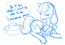 Size: 879x607 | Tagged: safe, artist:bakaishere, apple bloom, applejack, earth pony, pony, crying, feels, sad, sketch