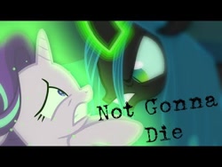 Size: 480x360 | Tagged: safe, edit, edited screencap, screencap, queen chrysalis, starlight glimmer, changeling, changeling queen, pony, unicorn, angry, duo, female, link in source, mare, not gonna die, scared, skillet (band), song reference, starlight vs chrysalis, thumbnail, youtube link