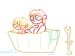 Size: 552x411 | Tagged: safe, artist:the weaver, applejack, big macintosh, bath, bathing, bathtub, humanized, simple background, white background