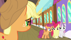 Size: 1280x720 | Tagged: safe, artist:capnpea, edit, edited screencap, screencap, apple bloom, applejack, scootaloo, sweetie belle, earth pony, pony, one bad apple, fimbriae, train, train station, wat