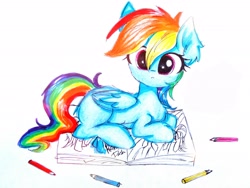 Size: 2822x2117 | Tagged: safe, artist:liaaqila, derpibooru import, rainbow dash, pegasus, pony, behaving like a cat, blank flank, book, cute, dashabetes, ear fluff, folded wings, liaaqila is trying to murder us, looking at you, pencil, prone, simple background, sitting, solo, traditional art, white background