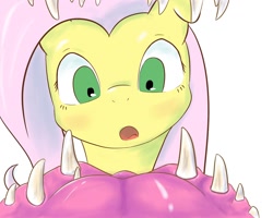 Size: 1280x1024 | Tagged: safe, artist:kiuxi, fluttershy, pegasus, pony, monster, mouth, perspective, pov, teeth, tongue out