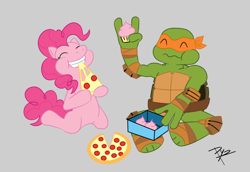 Size: 900x619 | Tagged: safe, artist:ysquare, pinkie pie, earth pony, pony, crossover, cupcake, food, incorrect leg anatomy, meat, michelangelo, pepperoni, pepperoni pizza, pinkey, pizza, teenage mutant ninja turtles, tmnt 2012